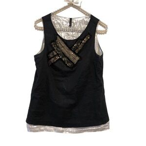 NAF NAF BLUE METALLIC THREAD GOLD SILVER EMBELLISHED SLEEVELESS TOP
